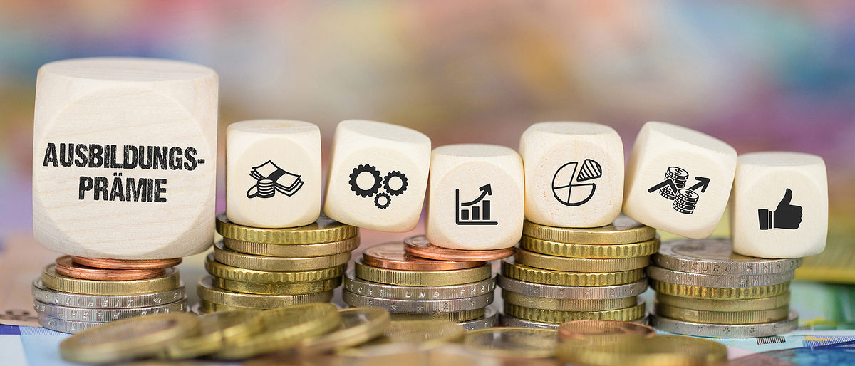 ausbildungsprämie, ausbildung, prämie, legling, azubi, arbeit, business, geld, finanz-, finanzen, betrieb, firma, firmen, betriebe, förderung, zulage, staat, bonus, ausbilden, schulung, corona, virus, pandemie, konzept, wort, text, zuschuss, krise, kurzarbeit, antrag, beantragen, arbeitsamt, verträge, unterstützung, hilfe, büro, würfel, symbole, icon, zeichen, münze, münzen, stapel, close-up, euro, hartgeld