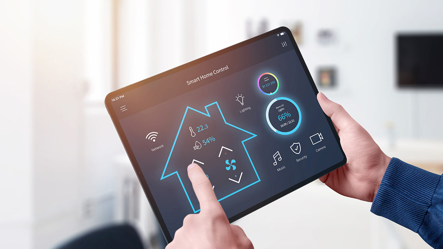 All in one smart home control system app concept on tablet display in man hands Schlagwort(e): smart, home, control, system, tablet, mobile, automation, consumption, ecology, app, central, house, control system, technology, interface, digital, wireless, thermostat, room, security, energy, light, remote, screen, automated, monitoring, hold, heating, efficiency, monitor, climate, camera, ventilation, invention, innovate, saving, secure, lighting